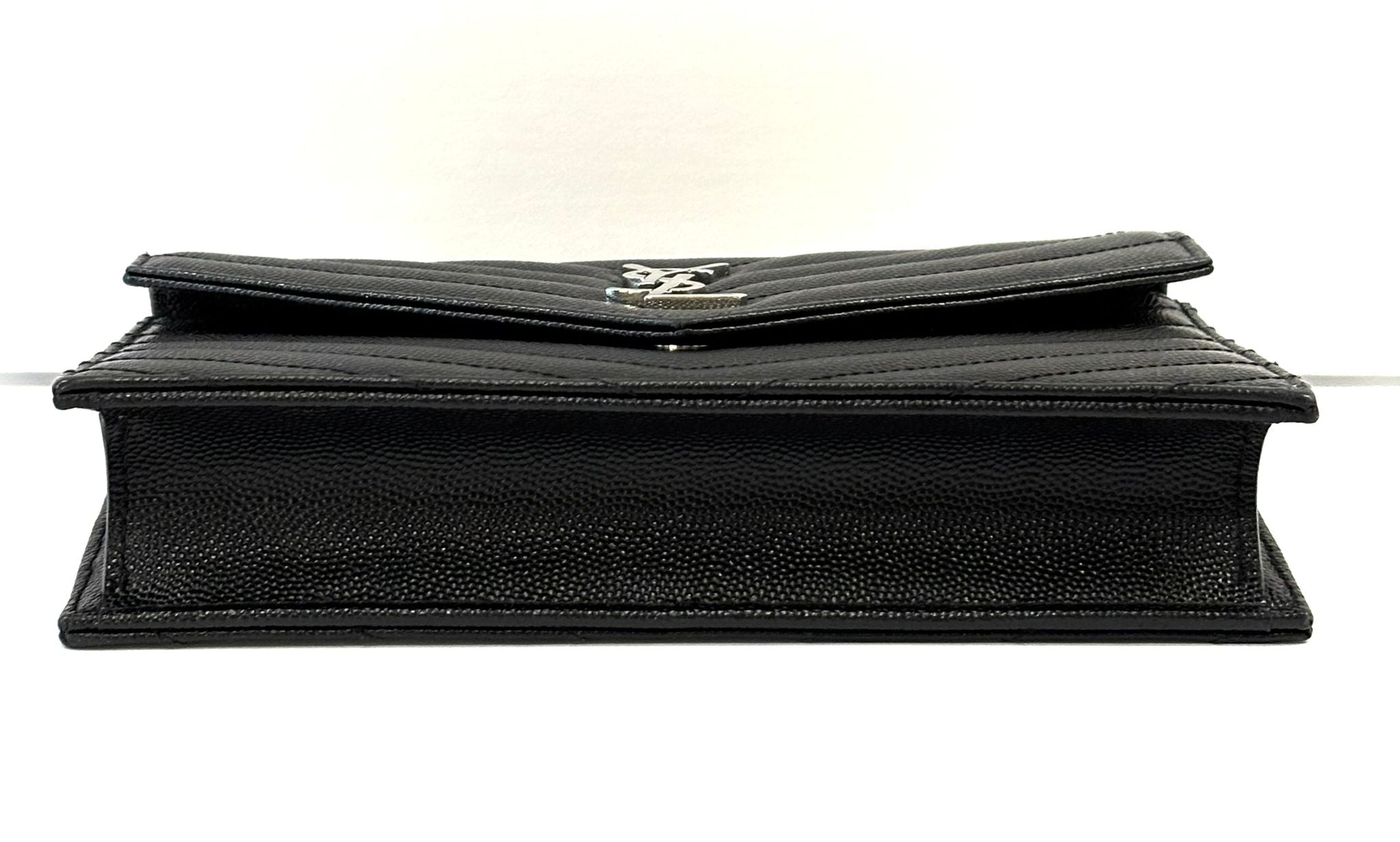 YSL GRAIN DE POUDRE CALFSKIN LEATHER MONOGRAM WALLET ON CHAIN