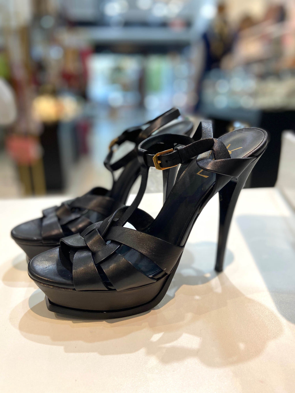 YSL CALFSKIN LEATHER PLATFORM TRIBUTE SANDALS