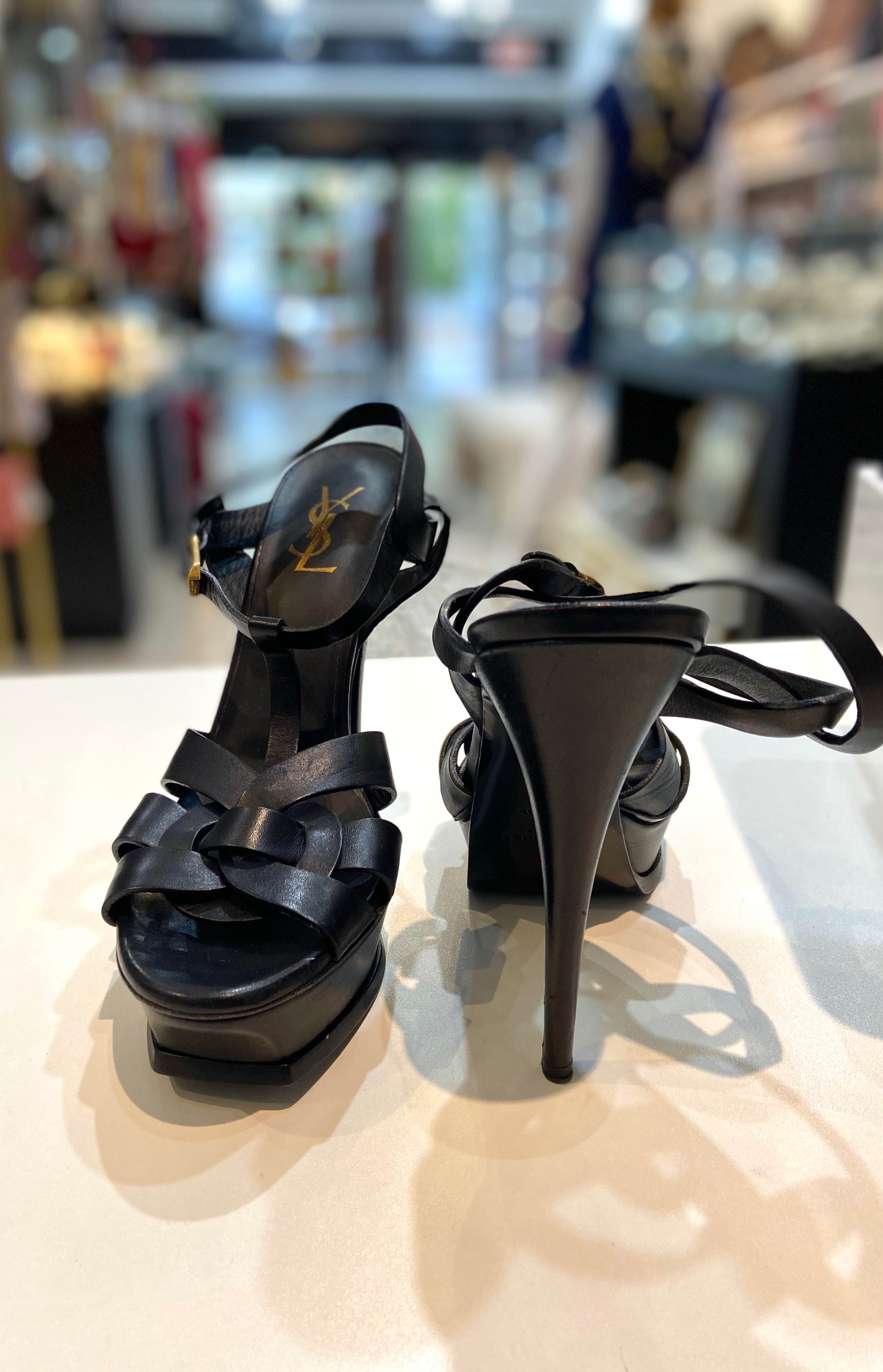 YSL CALFSKIN LEATHER PLATFORM TRIBUTE SANDALS