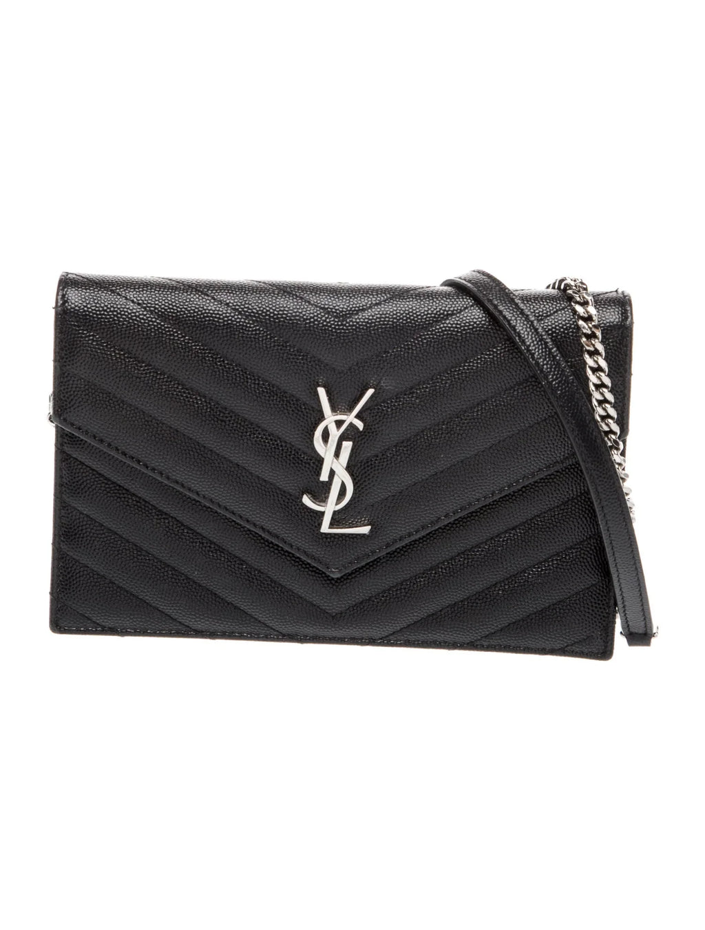 YSL GRAIN DE POUDRE CALFSKIN LEATHER MONOGRAM WALLET ON CHAIN