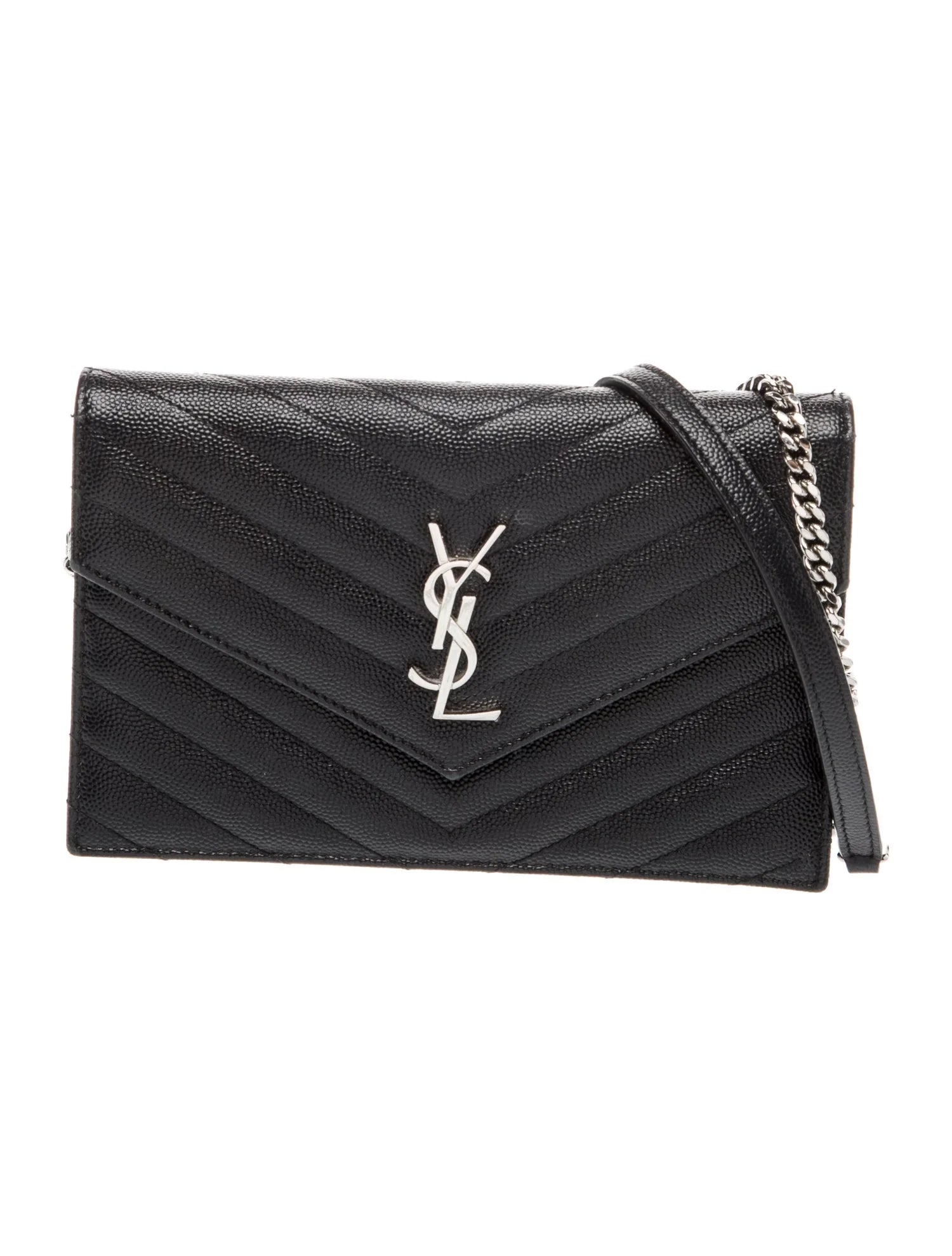 YSL GRAIN DE POUDRE CALFSKIN LEATHER MONOGRAM WALLET ON CHAIN