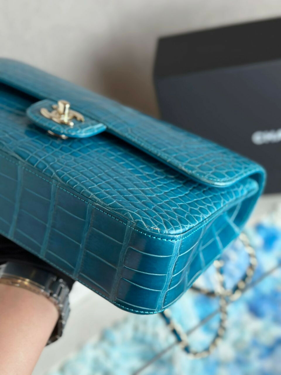 Chanel Vintage Medium Turquoise Crocodile Classic Flap Bag
