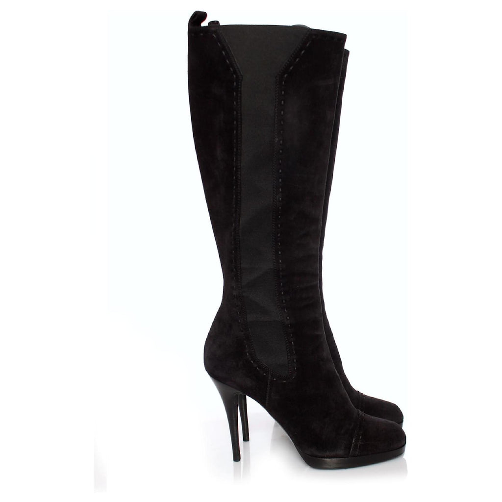 YSL SUEDE STITCHED DETAILS KNEE HIGH BOOTS