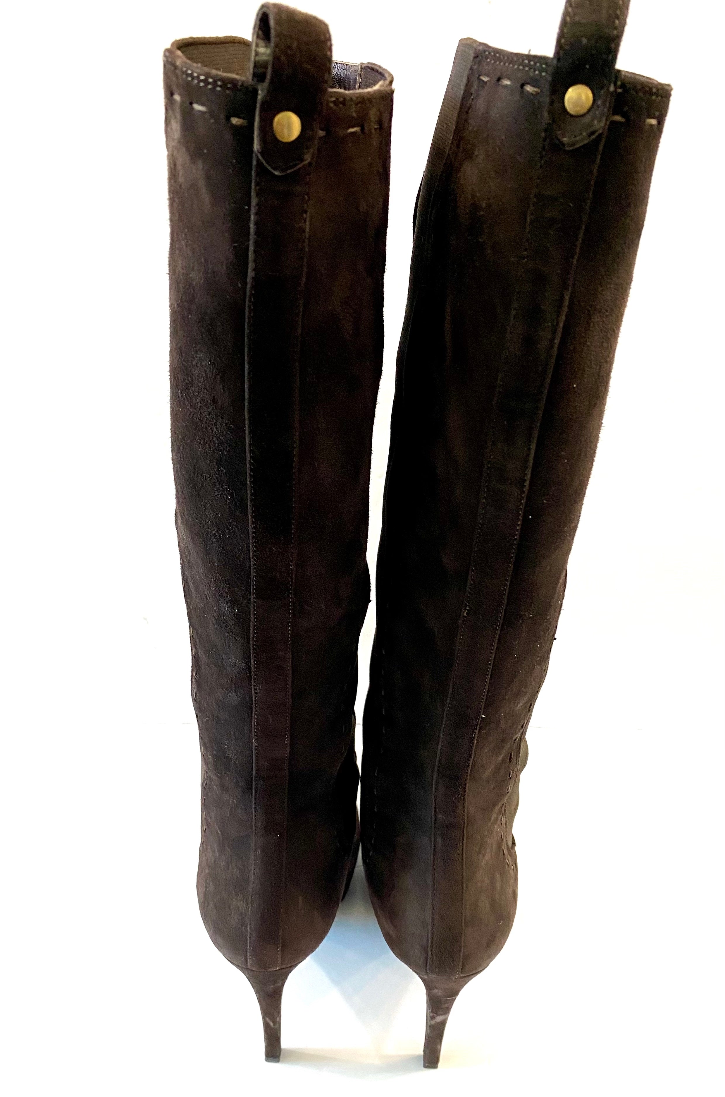 YSL SUEDE STITCHED DETAILS KNEE HIGH BOOTS