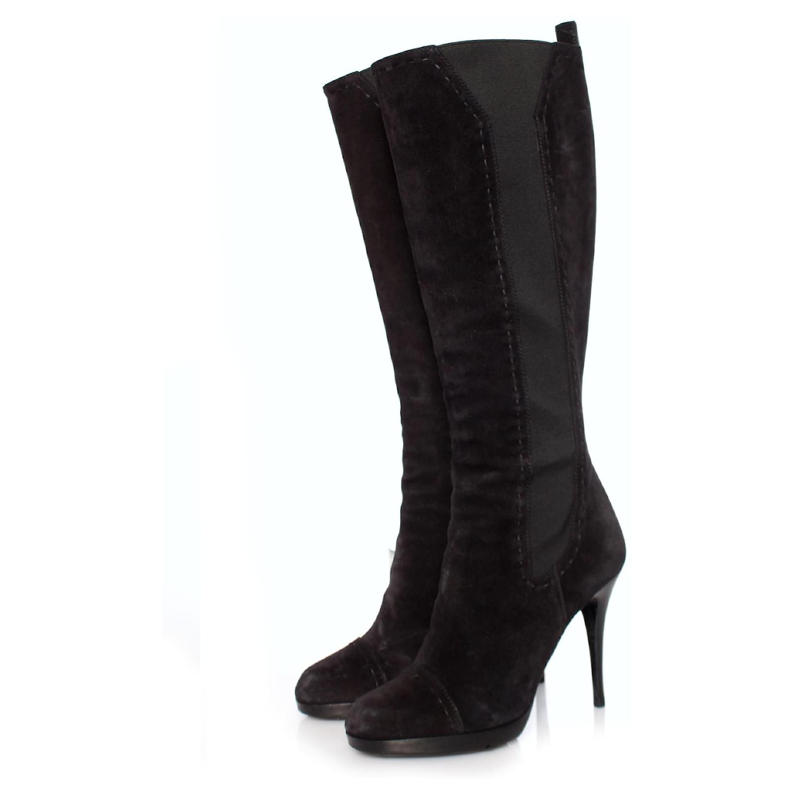 YSL SUEDE STITCHED DETAILS KNEE HIGH BOOTS