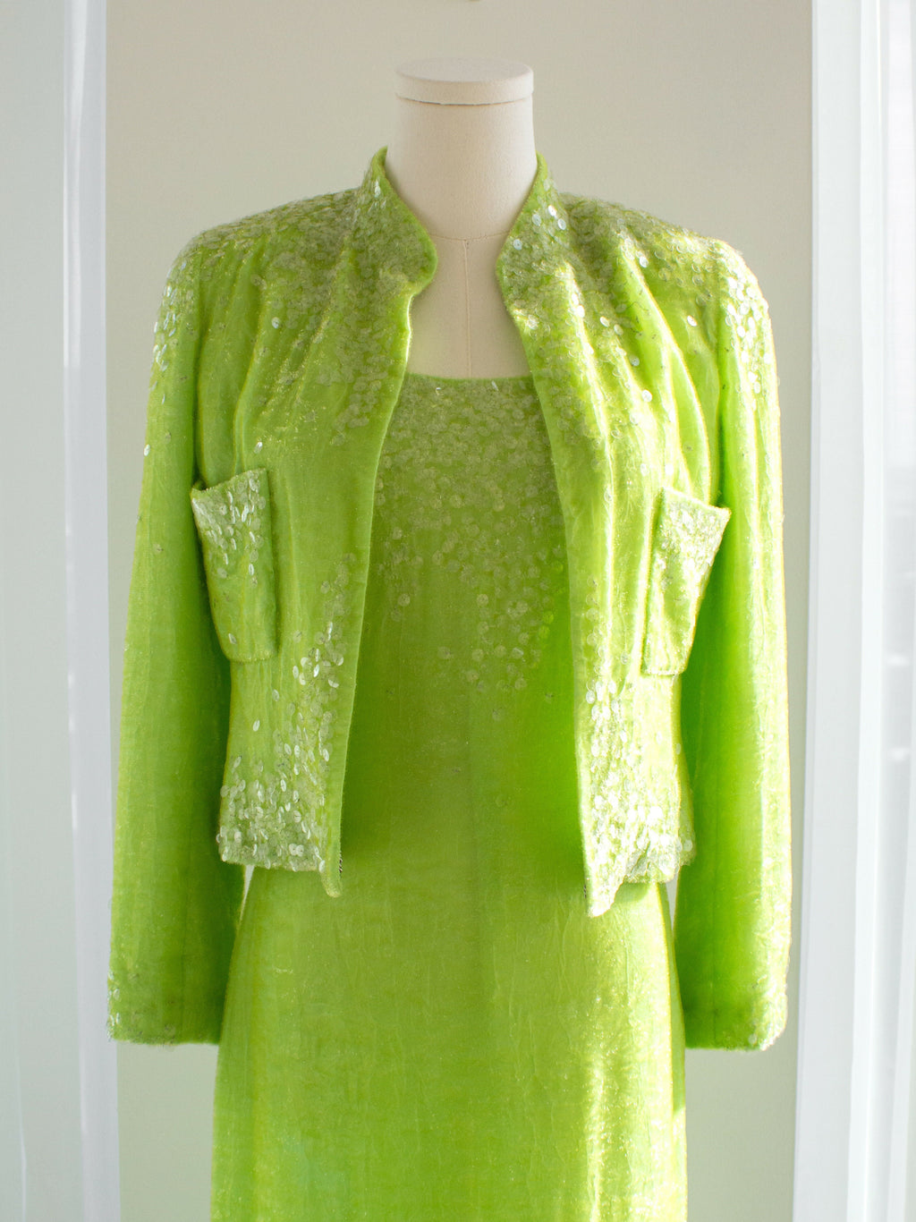 Chanel Vintage S/S1997 Green Sequin Embellished Velvet Dress Gown Jacket 97P Set