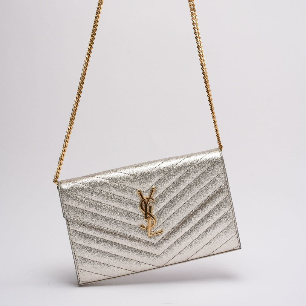 Saint Laurent Silver Chevron Monogram Envelope Chain Wallet