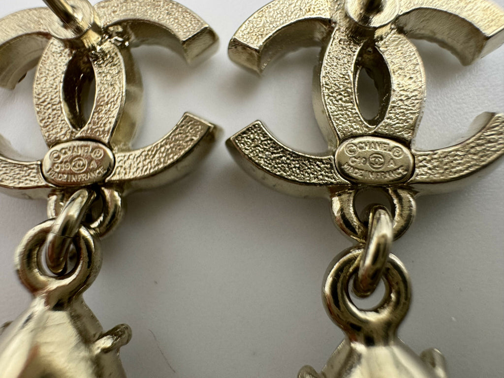 Chanel C19A Rhinestone CC Drop Dangle Stud Earrings