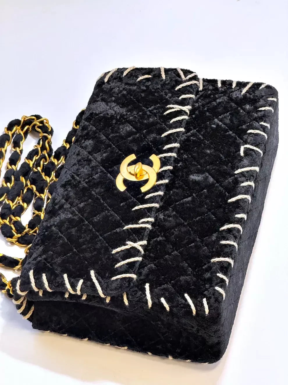 Chanel Vintage 1993 Black Velvet Whipstitch Flap Bag
