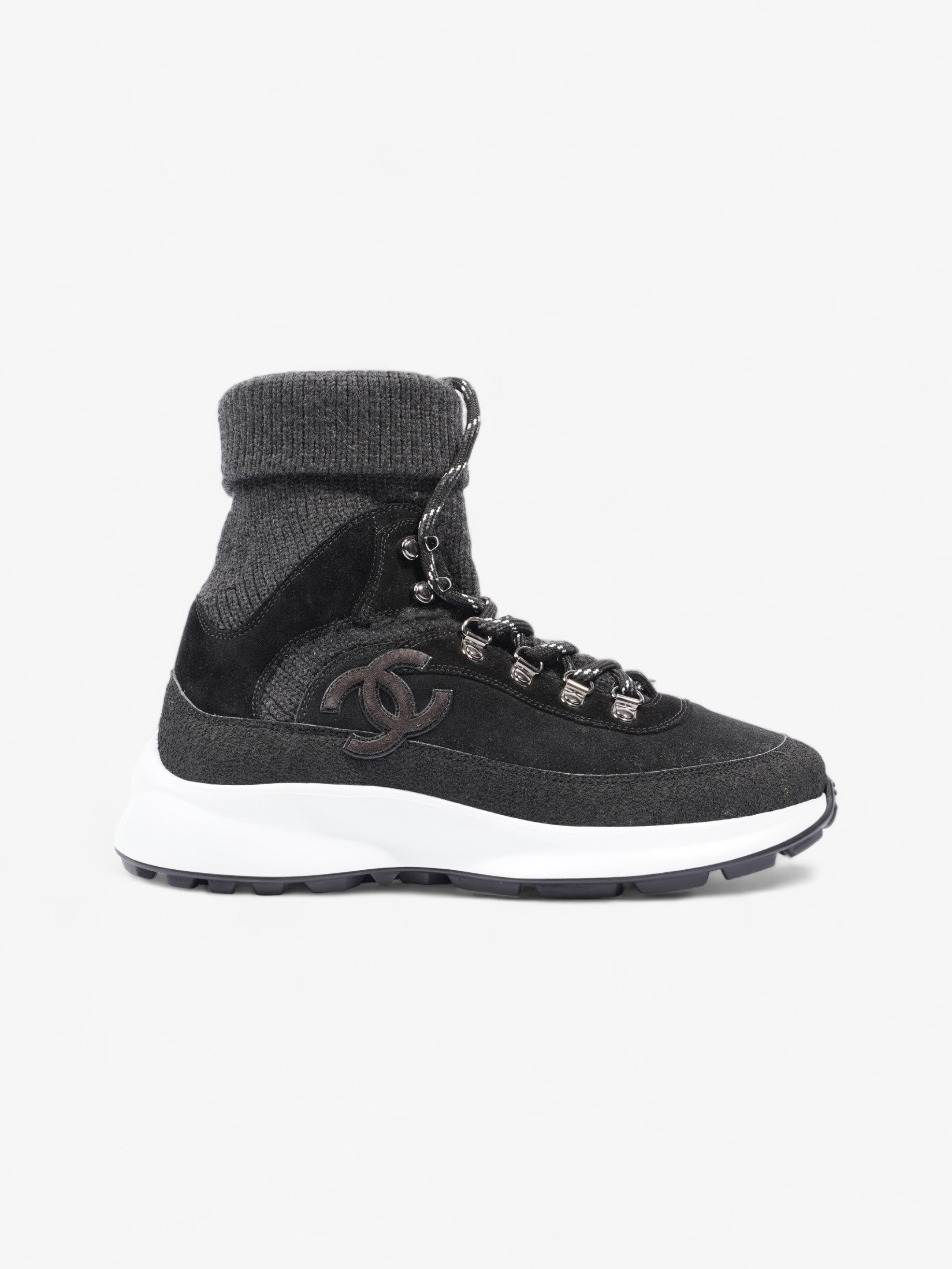 Chanel Interlocking CC Logo High Top Sneaker Black / Dark Grey Knit EU 38 UK 5