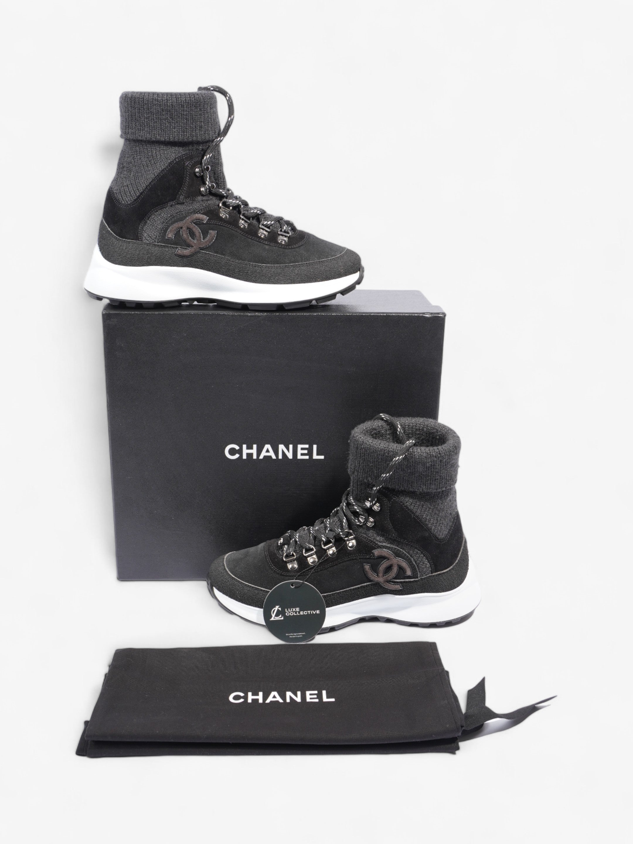 Chanel Interlocking CC Logo High Top Sneaker Black / Dark Grey Knit EU 38 UK 5