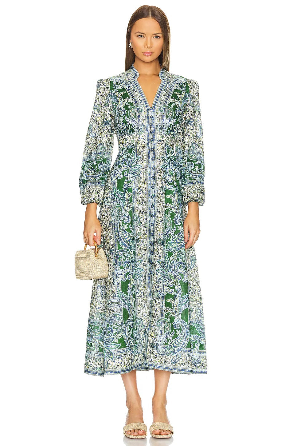 ZIMMERMANN OTTIE PLUNGE PAISLEY LINEN MIDI DRESS
