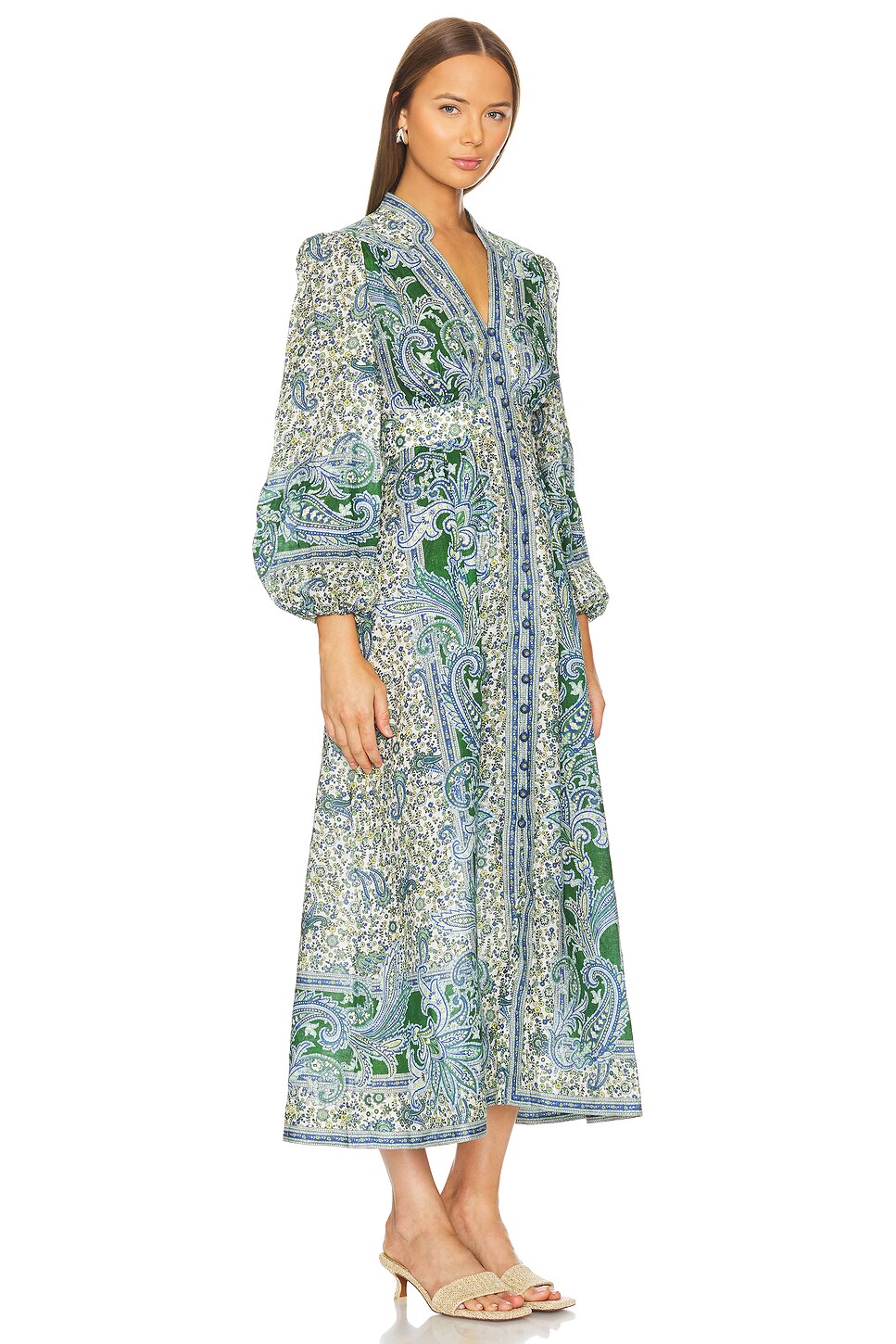 ZIMMERMANN OTTIE PLUNGE PAISLEY LINEN MIDI DRESS
