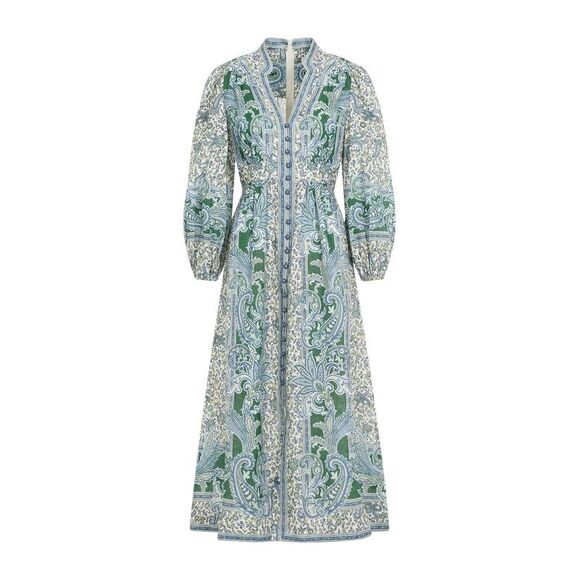 ZIMMERMANN OTTIE PLUNGE PAISLEY LINEN MIDI DRESS