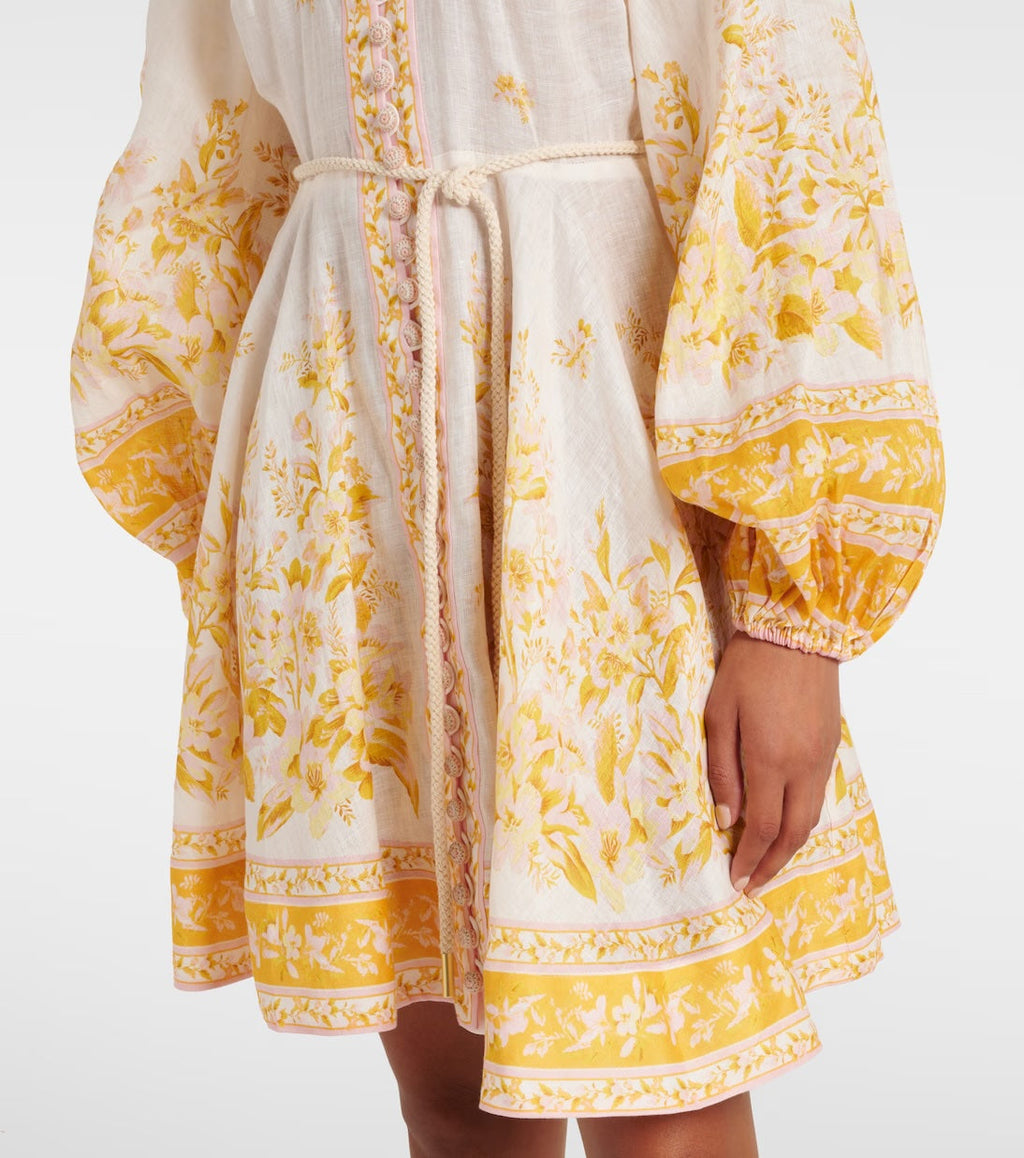 ZIMMERMANN GOLDEN FLORAL LINEN MINI DRESS