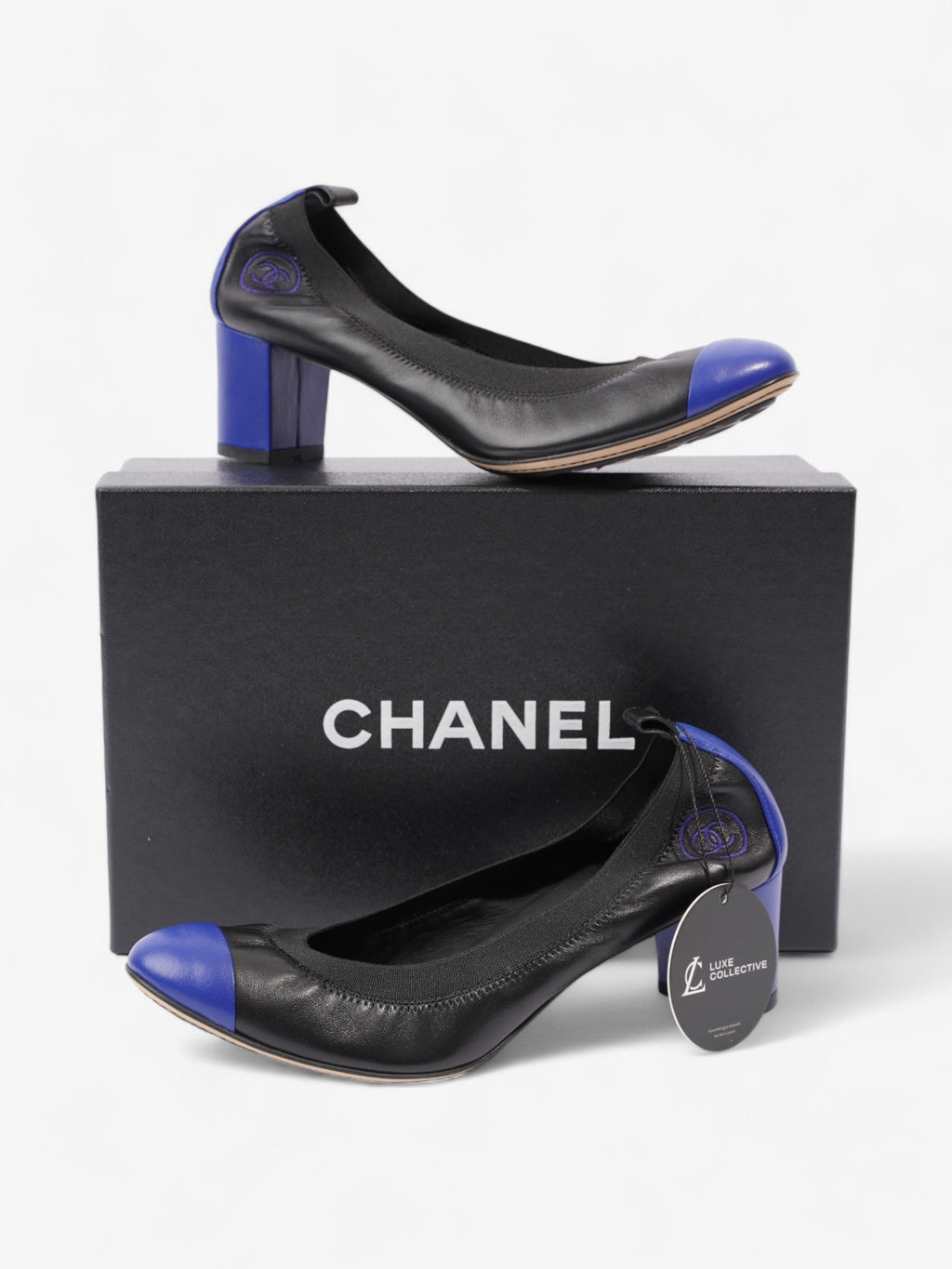 Chanel CC Ballerina Platform Pumps 50 Black / Blue Leather EU 39.5 UK 6.5