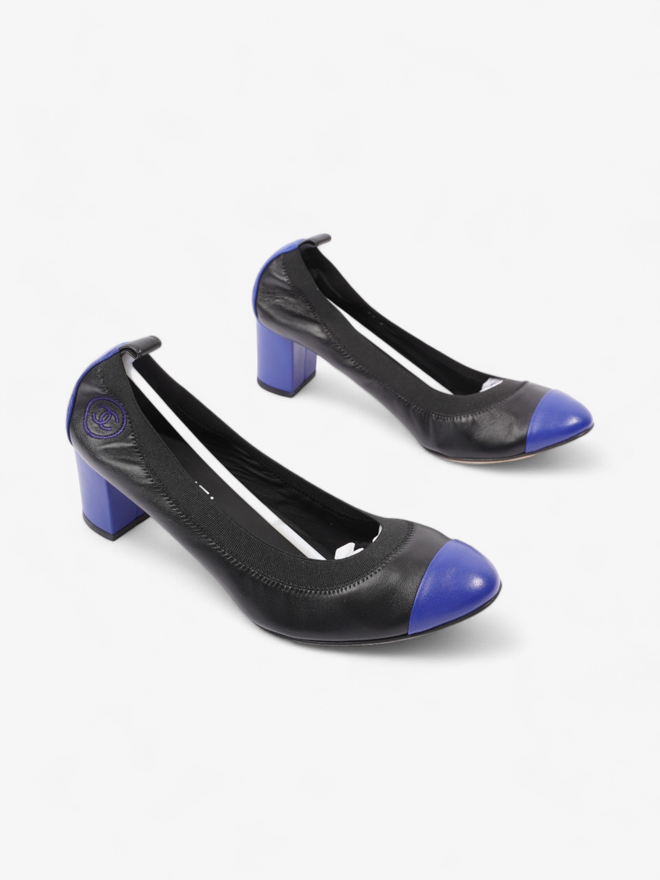 Chanel CC Ballerina Platform Pumps 50 Black / Blue Leather EU 39.5 UK 6.5