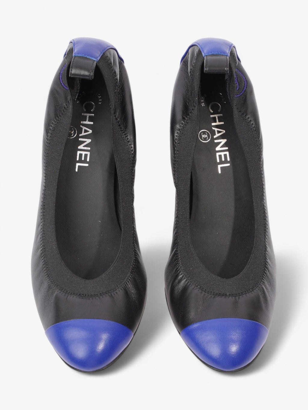 Chanel CC Ballerina Platform Pumps 50 Black / Blue Leather EU 39.5 UK 6.5
