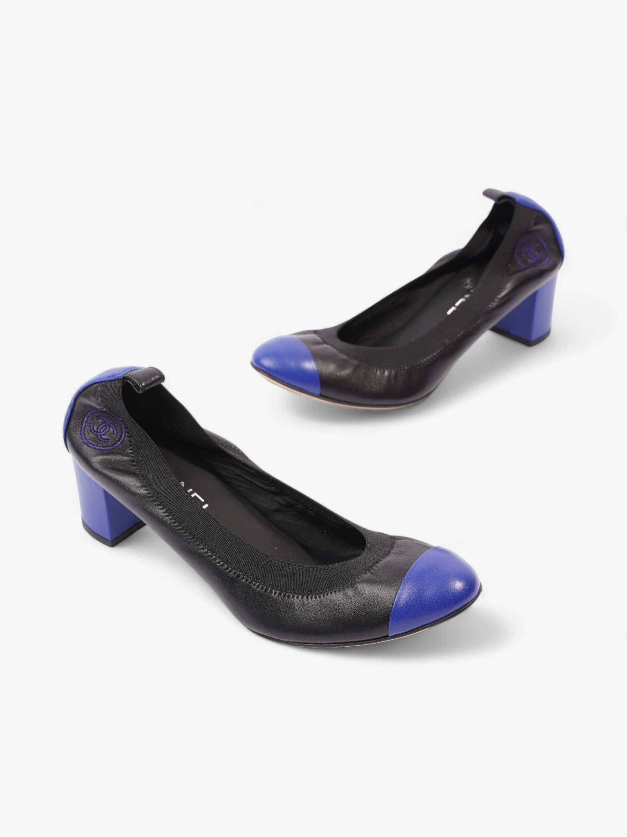 Chanel CC Ballerina Platform Pumps 50 Black / Blue Leather EU 39.5 UK 6.5