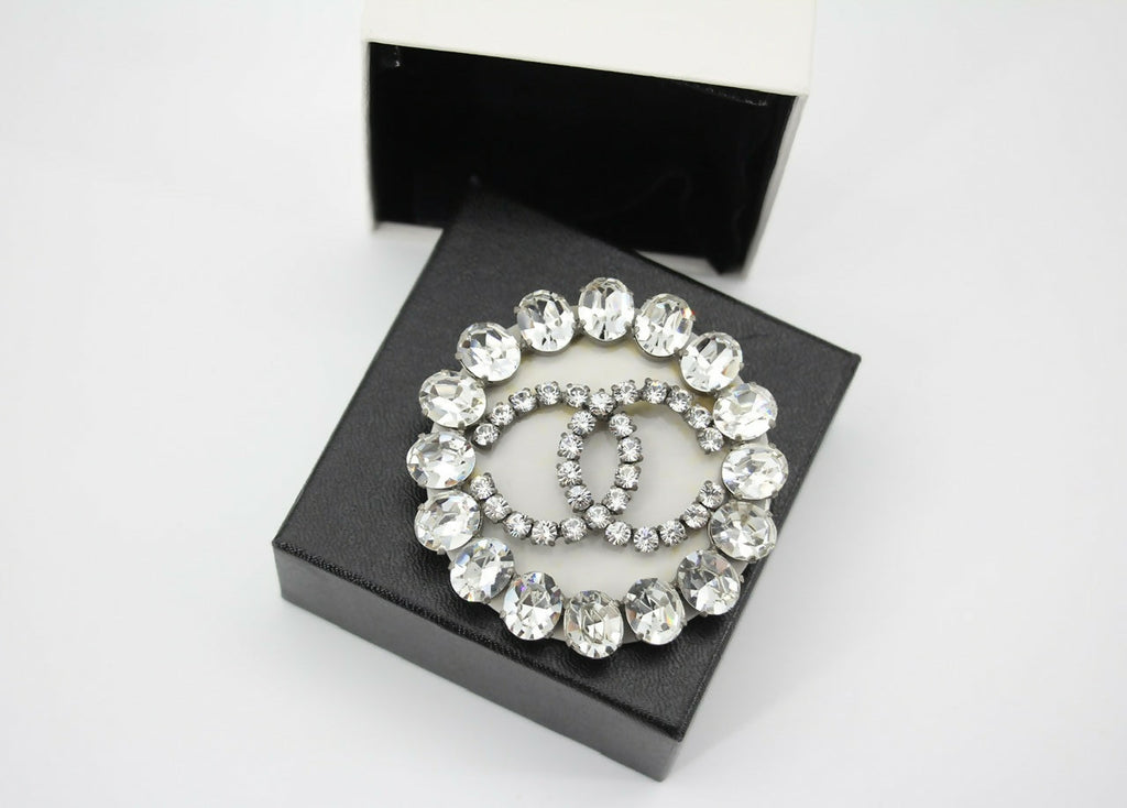 Chanel Vintage 00A Rhinestone Silver CC Large Round Brooch
