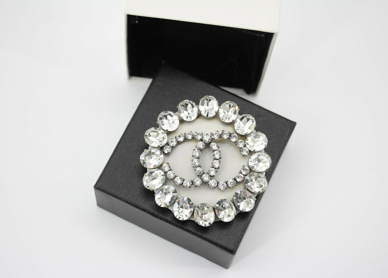 Chanel Vintage 00A Rhinestone Silver CC Large Round Brooch