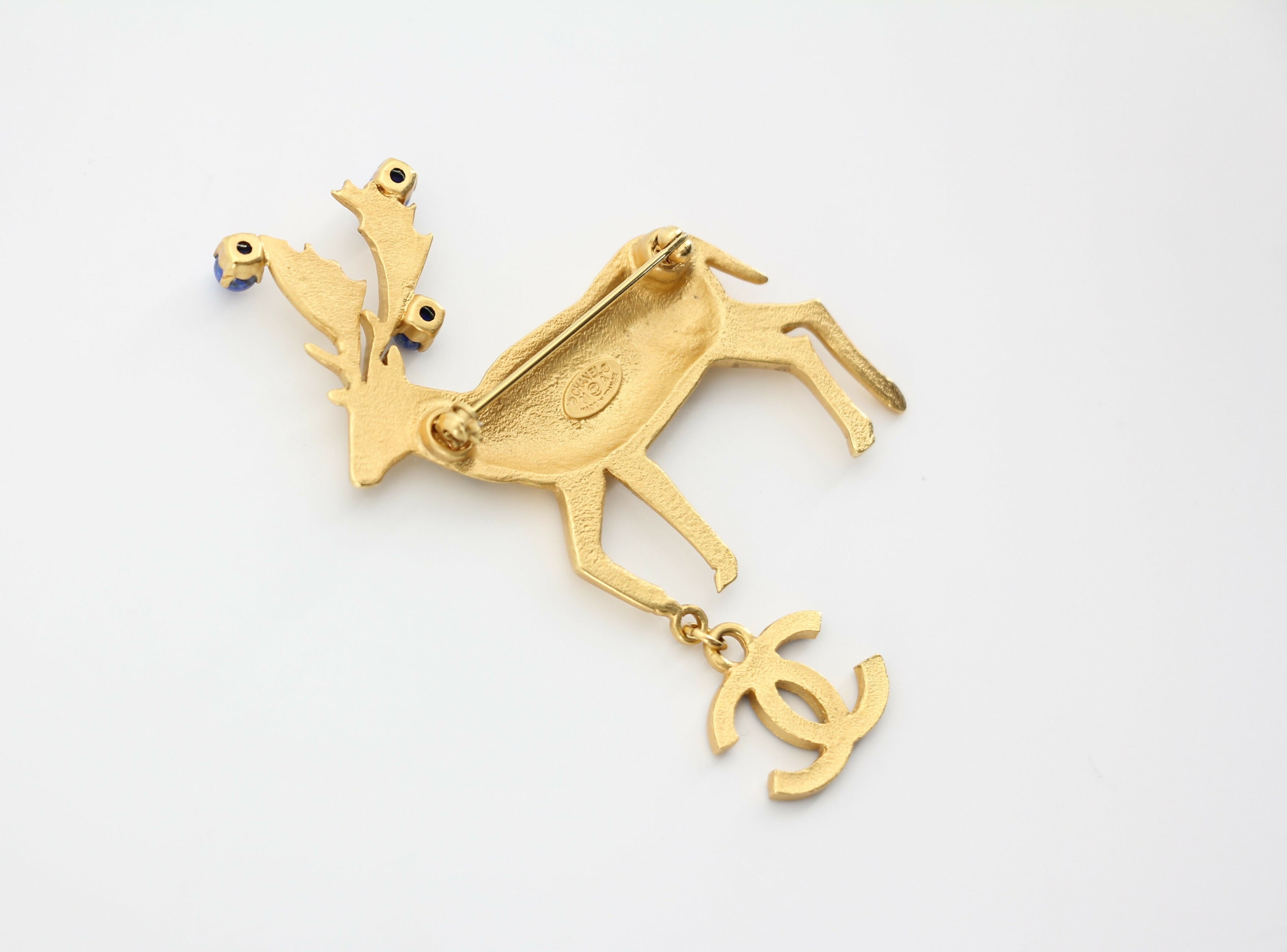 Chanel Vintage 01A Rhinestone Blue Golden Green Reindeer Brooch