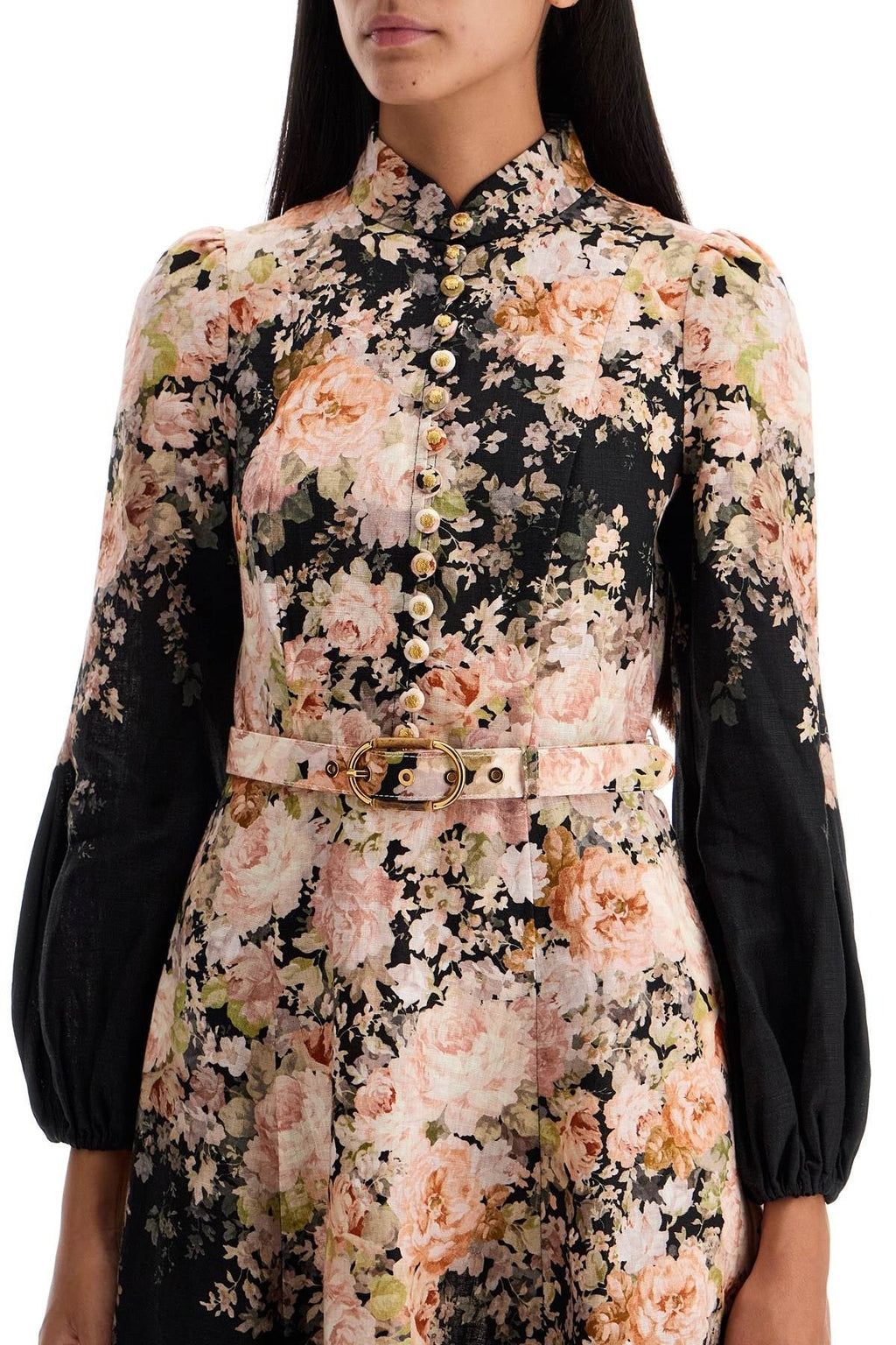 ZIMMERMANN FLORAL PRINT LINEN MIDI DRESS