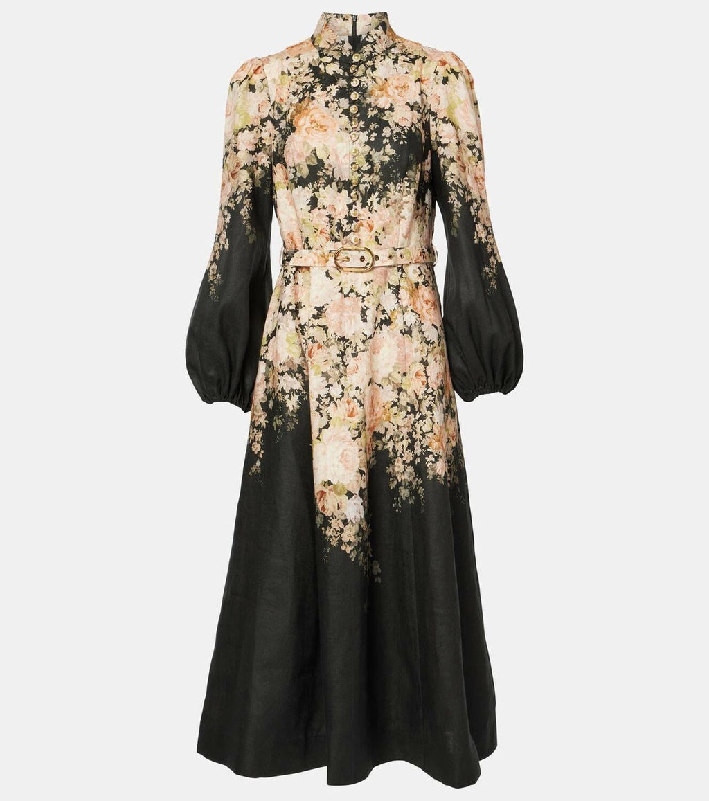 ZIMMERMANN FLORAL PRINT LINEN MIDI DRESS