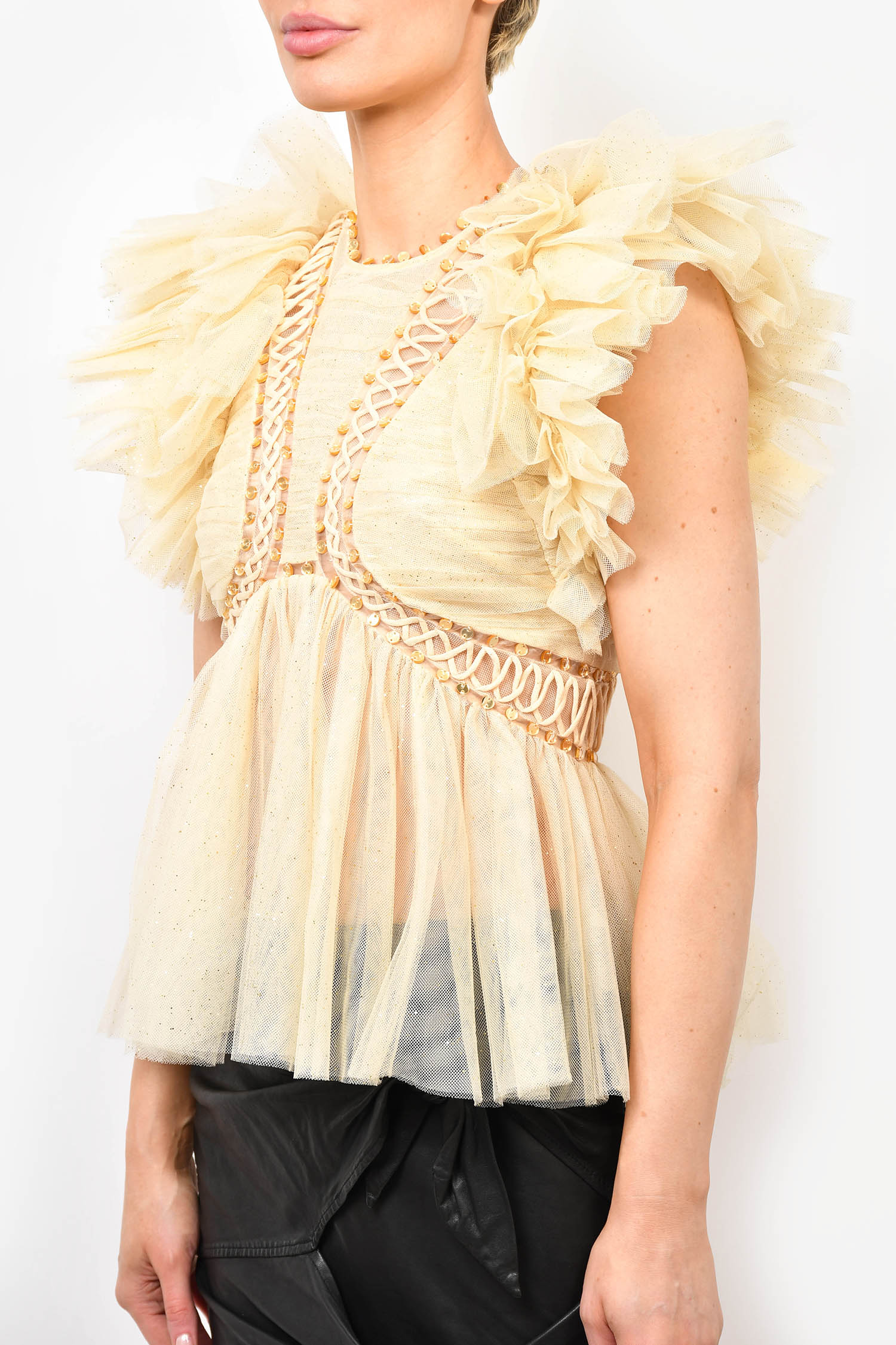 Zimmermann Cream Tulle Glitter Ruffle Blouse Size 1