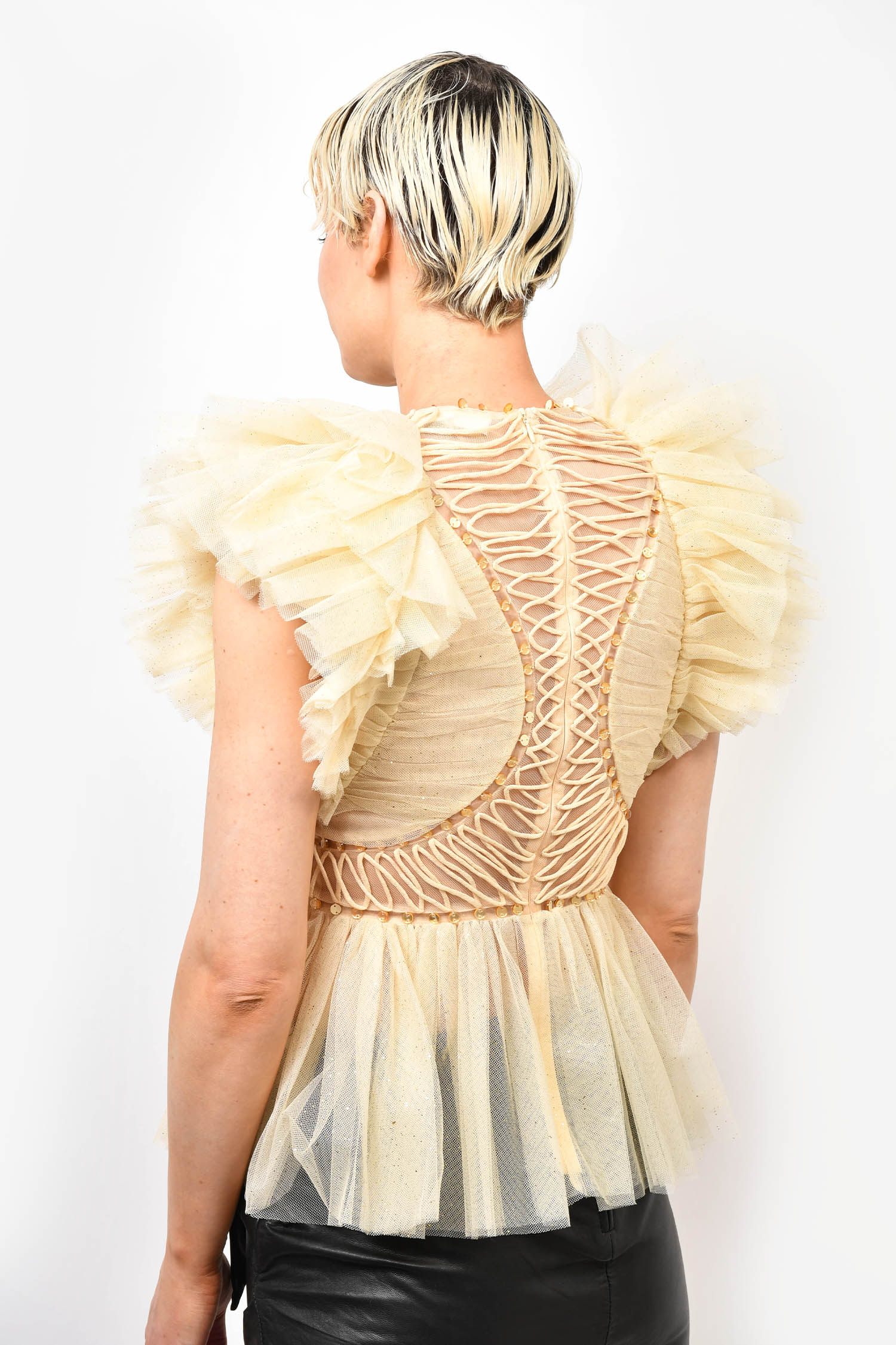 Zimmermann Cream Tulle Glitter Ruffle Blouse Size 1
