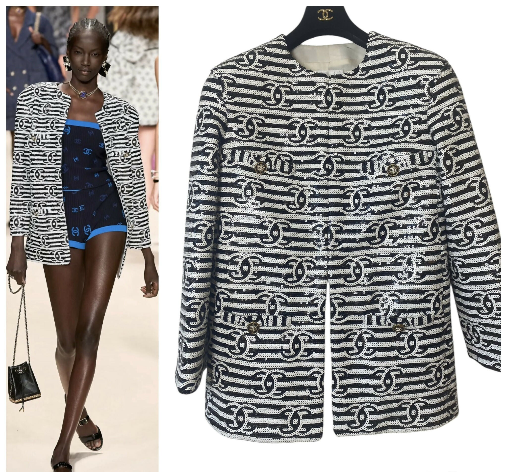Chanel 22S Runway Sequin CC Logo Black and White Jacket FR 40