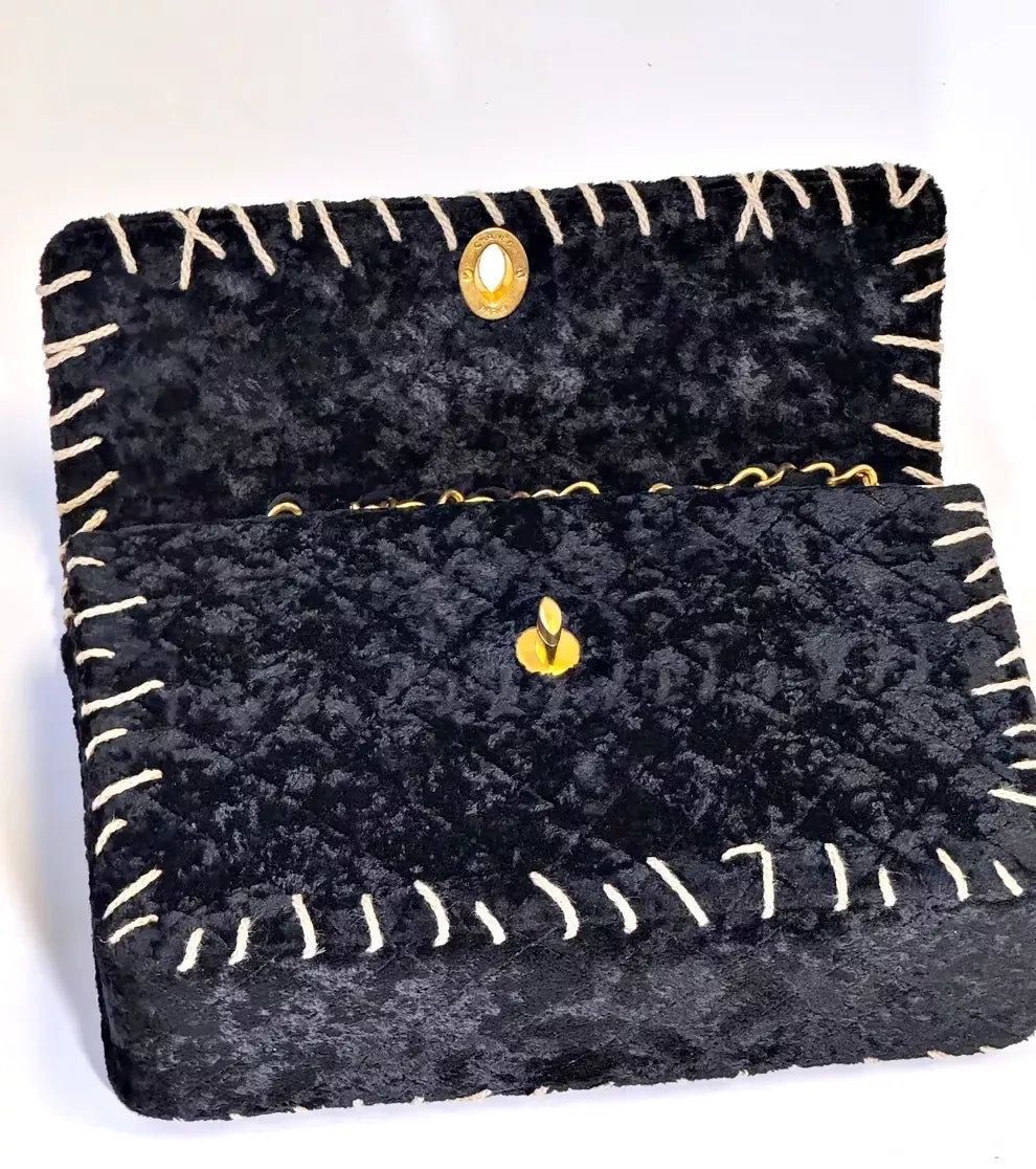 Chanel Vintage 1993 Black Velvet Whipstitch Flap Bag