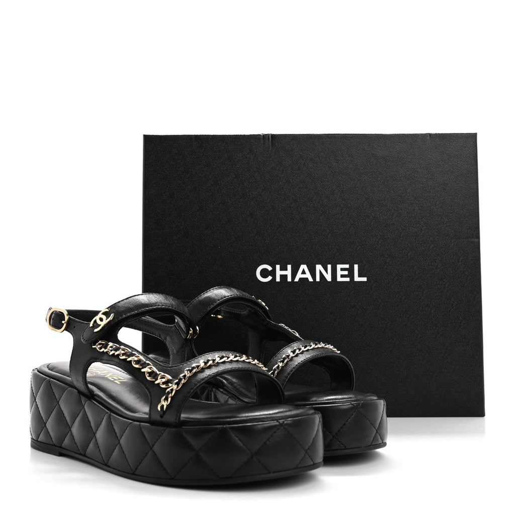 Lambskin Quilted Chain CC Platform Sandals 37.5 Black