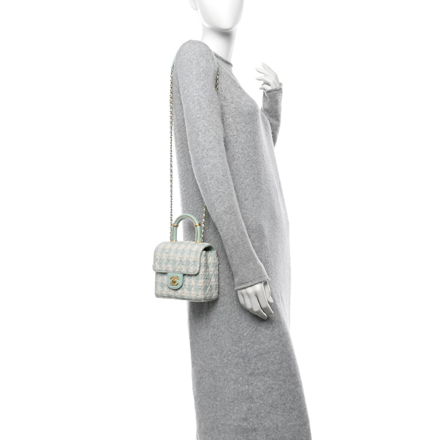 Tweed Handle Crush Top Handle Flap Bag Light Blue Ecru