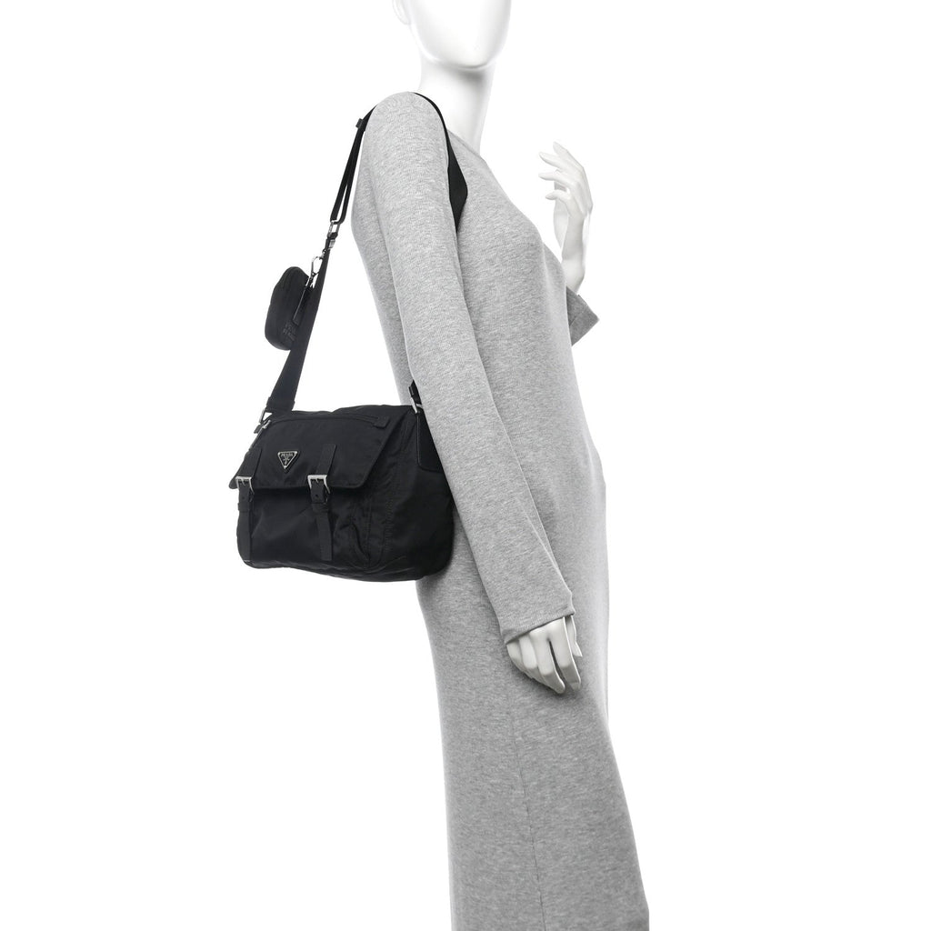 Re-Nylon Vela Saffiano Pocket Double Buckle Messenger Shoulder Bag Black