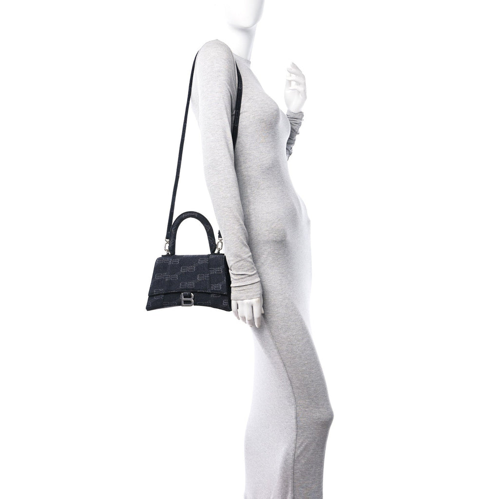 Washed Denim BB Monogram Small Hourglass Top Handle Bag Black