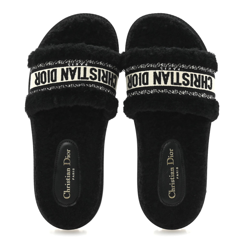 Shearling Canvas Lurex Embroidered Dway 10mm Slide Sandals 40 Black Natural