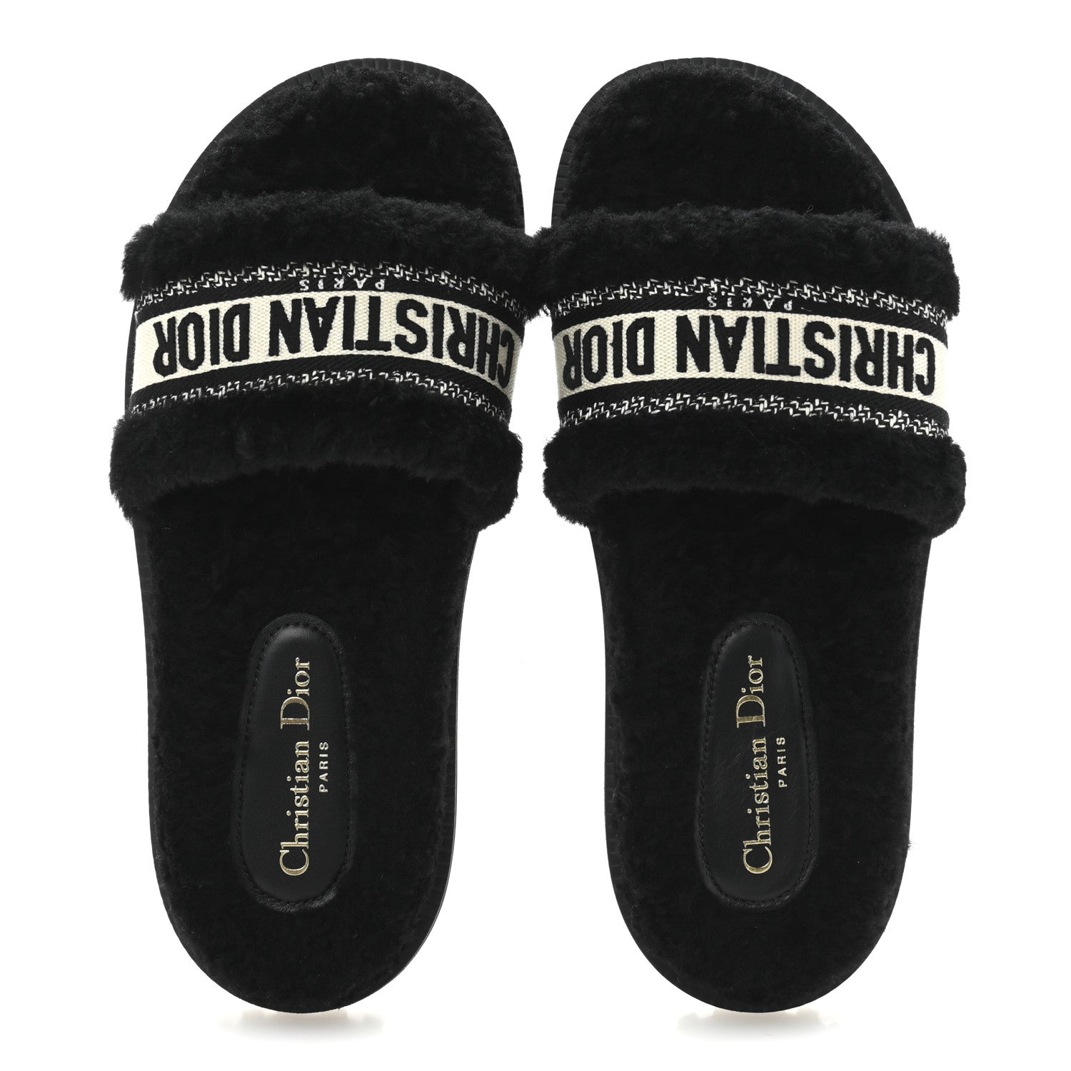 Shearling Canvas Lurex Embroidered Dway 10mm Slide Sandals 40 Black Natural