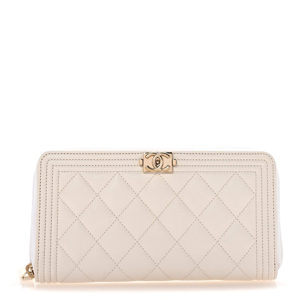 Caviar Quilted Boy Long Zip Around Wallet White