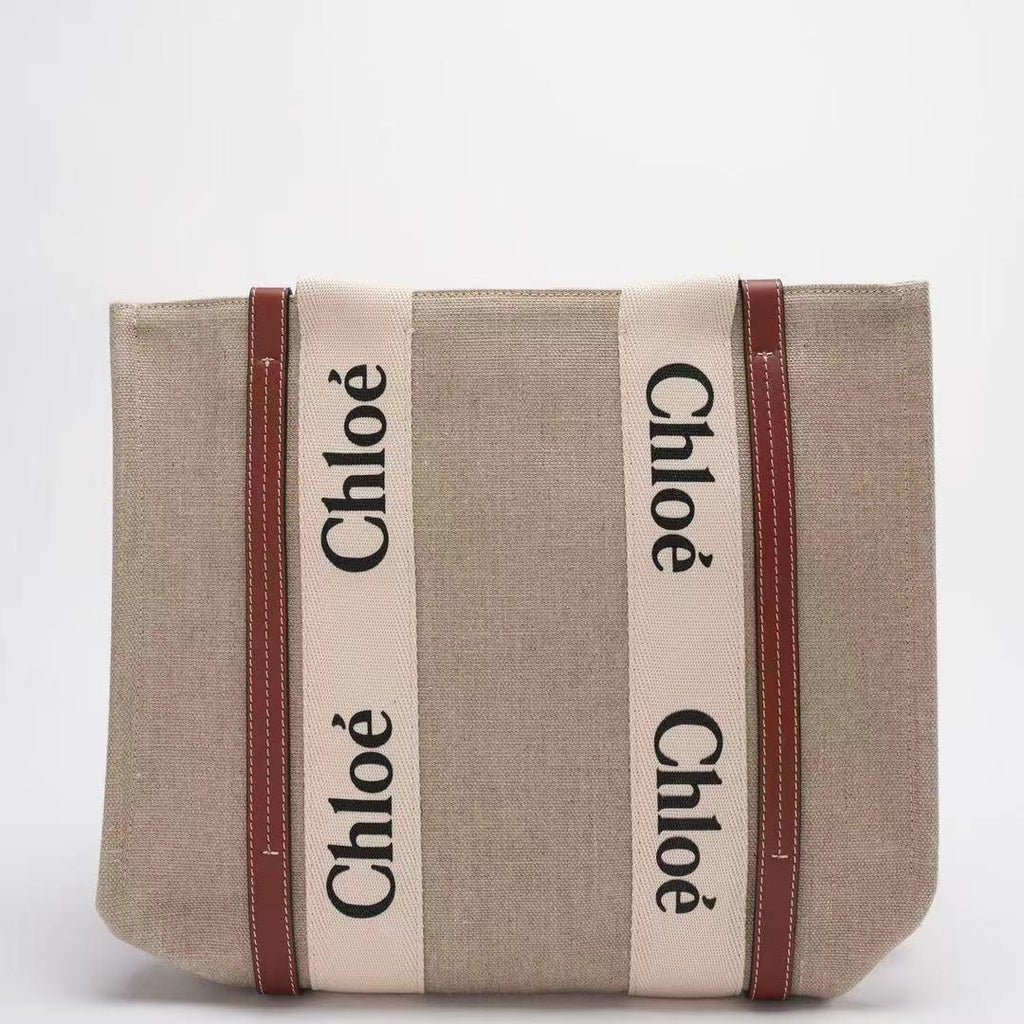 Chloe White and Beige Medium Woody Tote Bag Leinen