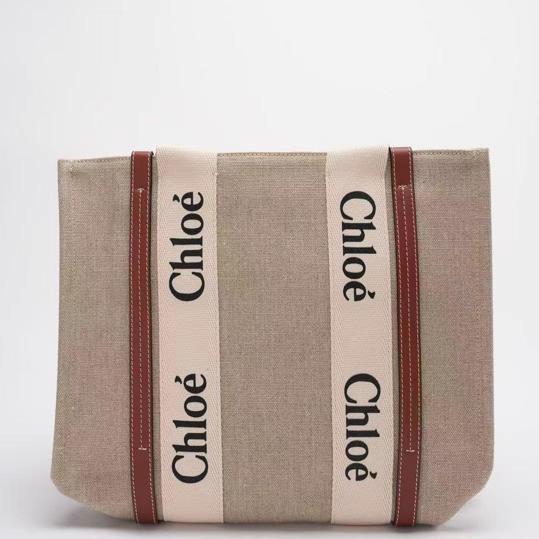 Chloe White and Beige Medium Woody Tote Bag Leinen