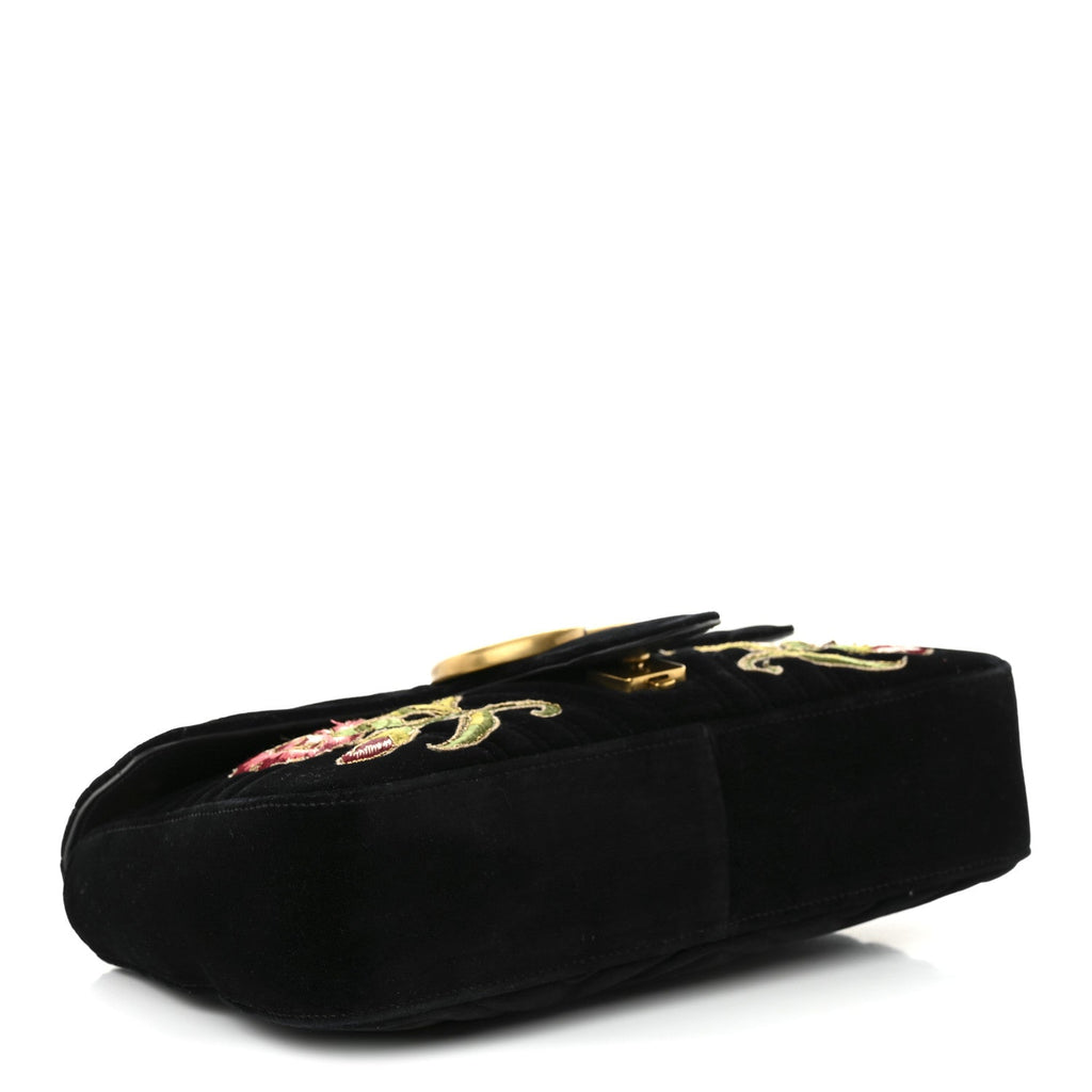 Velvet Matelasse Loved Embroidered Medium GG Marmont Shoulder Bag Black