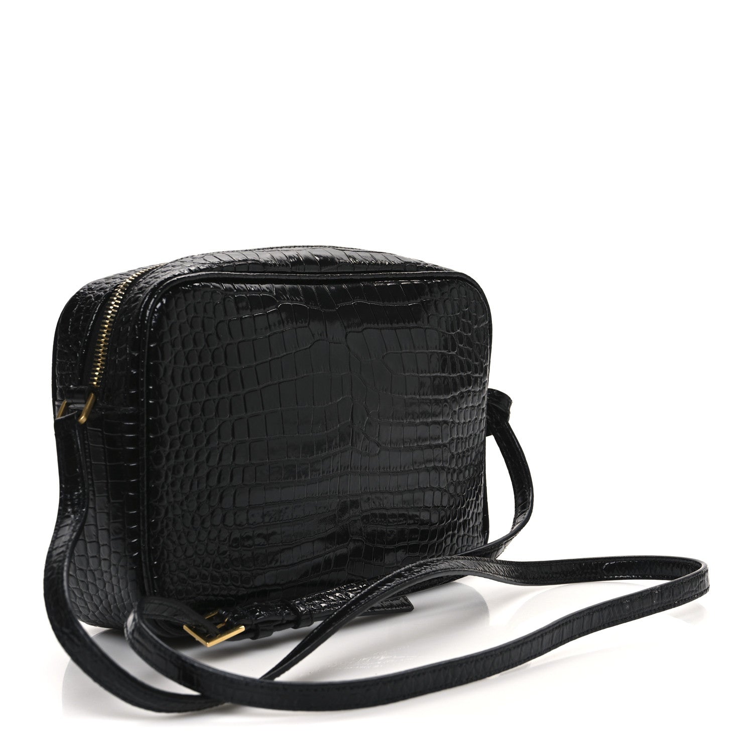 Patent Calfskin Crocodile Embossed Monogram Lou Camera Bag Black