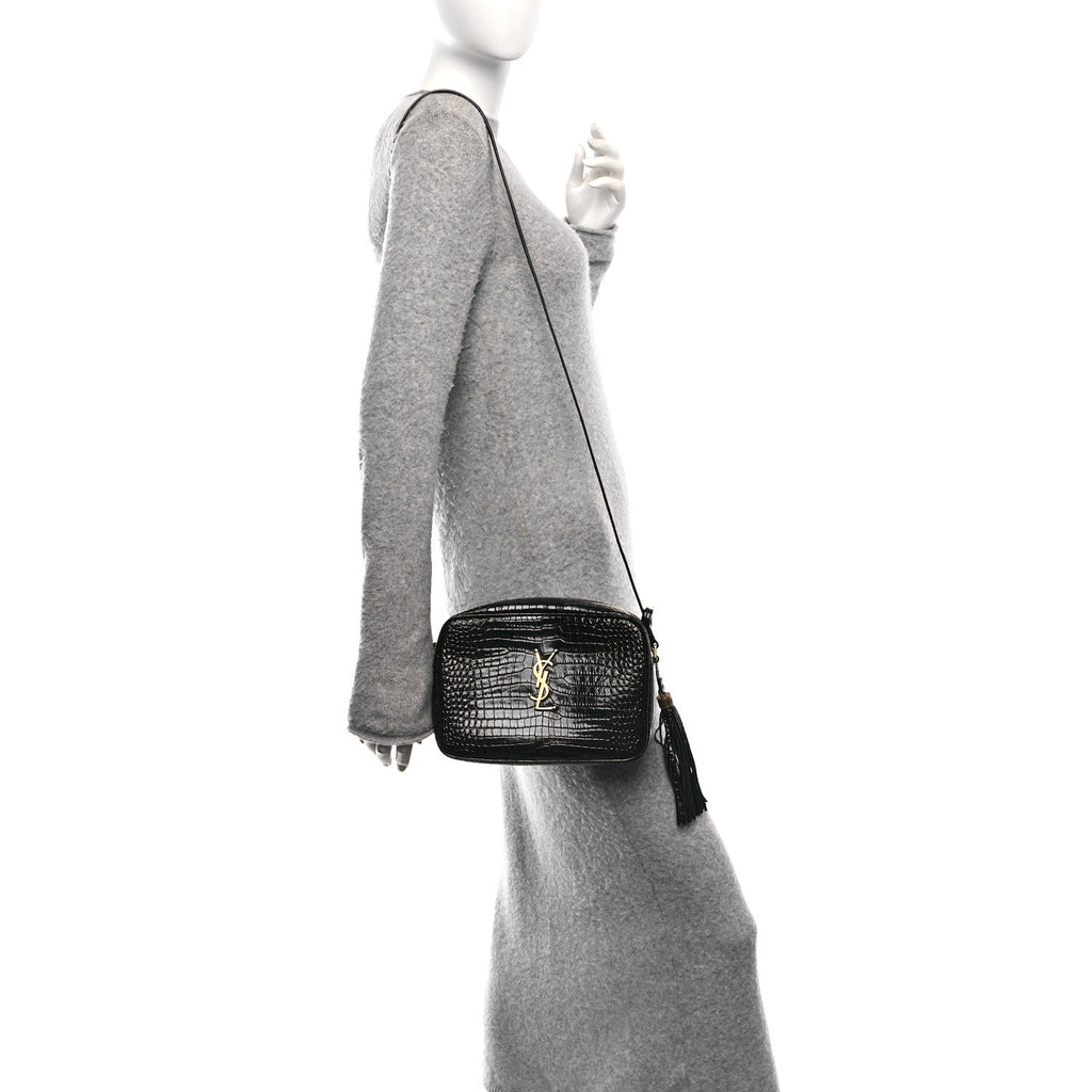 Patent Calfskin Crocodile Embossed Monogram Lou Camera Bag Black