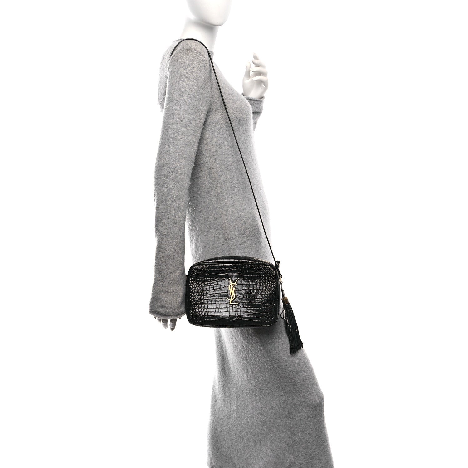 Patent Calfskin Crocodile Embossed Monogram Lou Camera Bag Black
