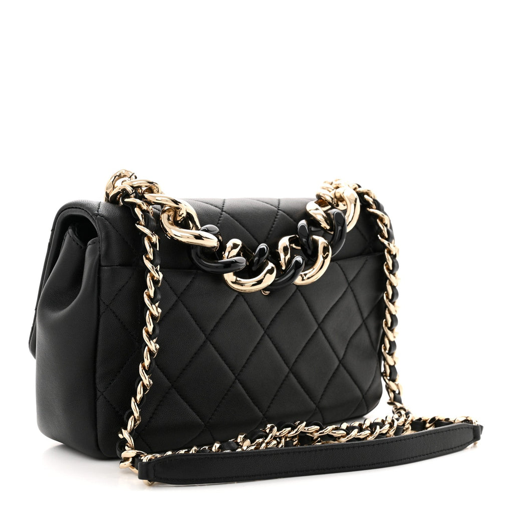 Lambskin Quilted Resin Bi-Color Chain Flap Bag Black