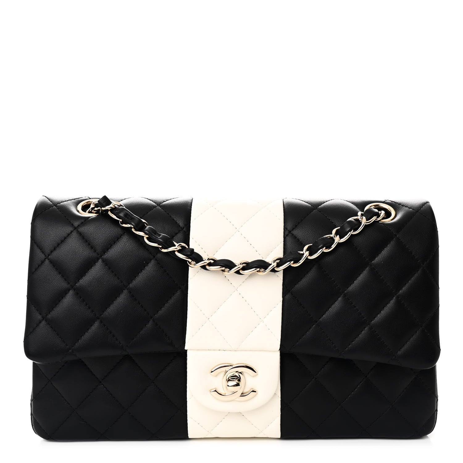 Lambskin Quilted Medium Double Flap Black White
