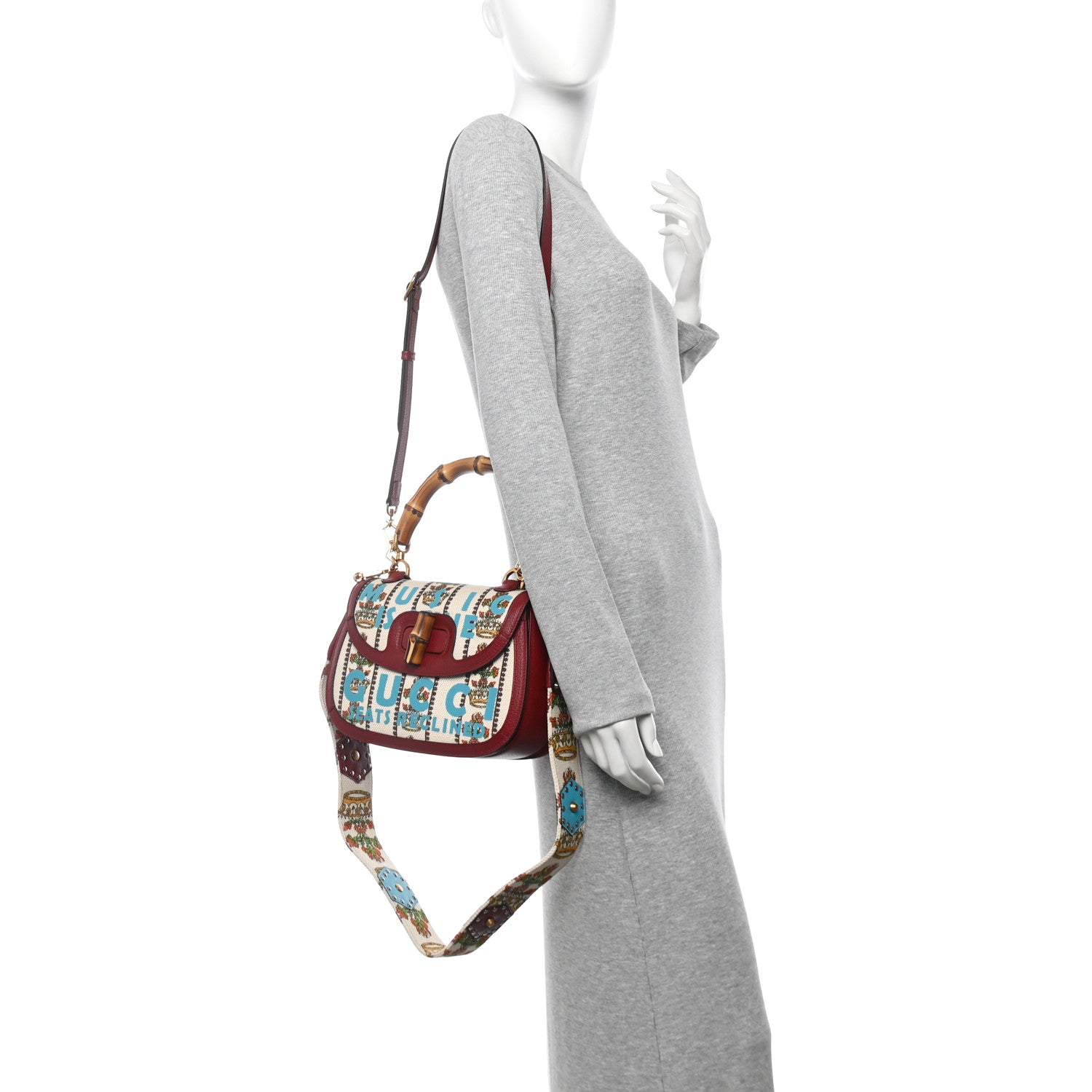 Canvas Calfskin 100 Centennial Music Medium Bamboo 1947 Top Handle Bag Ivory Red