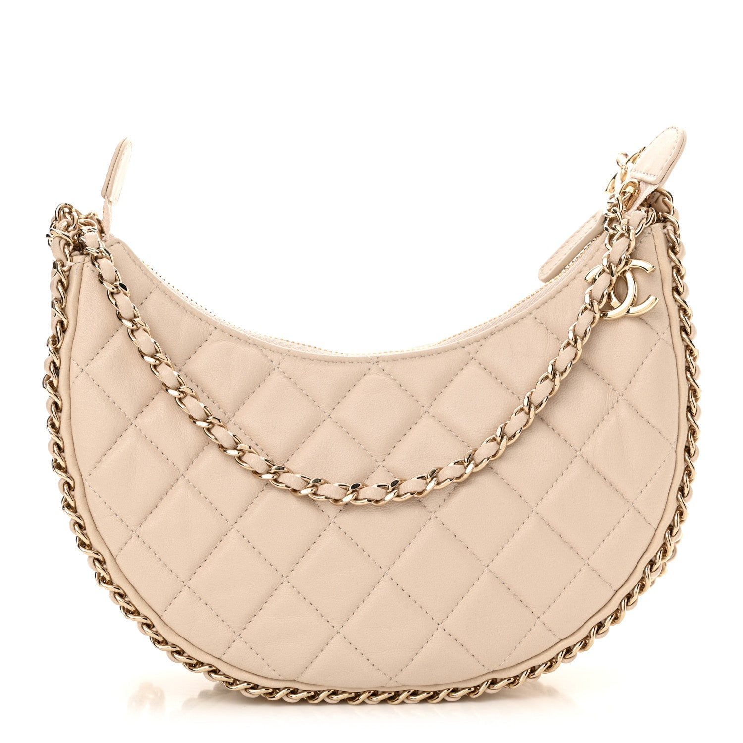 Lambskin Quilted Small Hobo Bag Light Beige