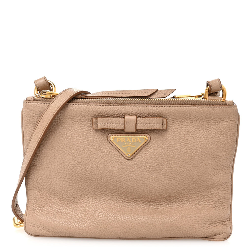 Vitello Daino Double Zip Crossbody Bag Cammeo